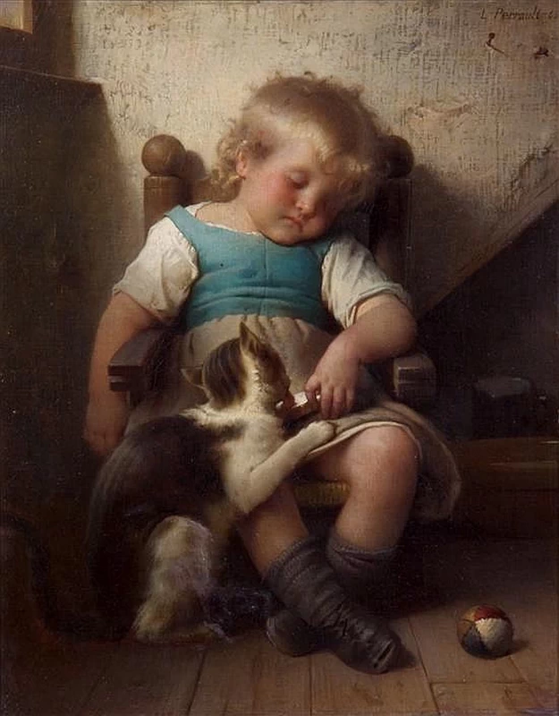 Bambina che dorme mentre il gatto ruba il cibo